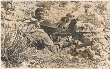 Soldiers of the National Army in the Battle of Grammos against the partisans of ELAS (Greek  Popular Liberation Army).