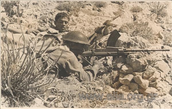 Soldiers of the National Army in the Battle of Grammos against the partisans of ELAS (Greek Popular Liberation Army).