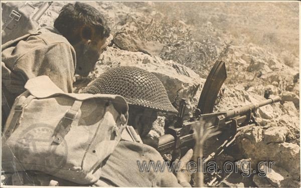 Soldiers of the National Army in the Battle of Grammos against the partisans of ELAS (Greek Popular Liberation Army).