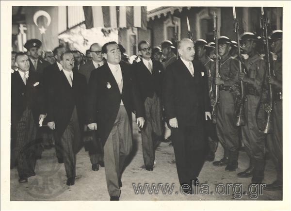 Prime Minister  Alexandros Papagos and his Turkish opposite number Adnan Mederes on the former's visit to the Turkish capital.