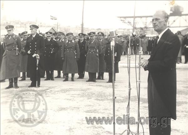National Defence Minister Panagiotis Kanellopoulos delivering a speech at a ceremony for the 170 soldiers killed in the Korean War