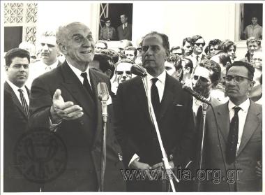 Prime Minister Georgios Papandreou during his speech at the foundation stone laying ceremony for Pantio University. Next to him, Deputy Minister for Education L. Akritas.