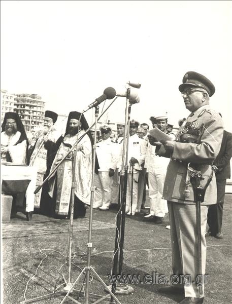Lieutenant-General Grigoris Spantidakis giving a speech at a torpedo boat delivery ceremony
