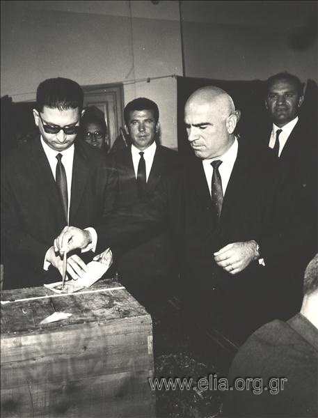 Stylianos Pattakos at an election centre on the day of the 