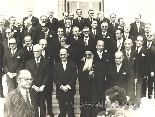 Swearing - in of the Markezinis government in the presence of the President of the Uncrowned Democracy Georgios Papadopoulos, Vice-president Odysseas Aggelis, and  Archbishop  Ieronymos.