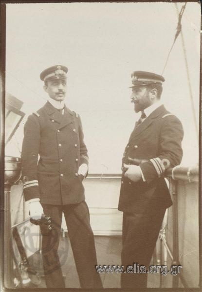 Sofoklis Dousmanis (Lieutenant of the Greek Royal Navy) and Nikolaos Votsis (Sublieutenant of the Greek Royal Navy) on board troopship 