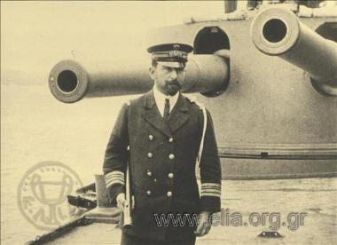 Royal Navy Sub Lieutenant Sofoklis Dousmanis on the deck of Battleship Averof
