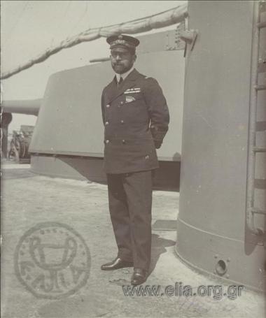 Royal Navy Captain Sofoklis Dousmanis on the deck of Battleship Averof