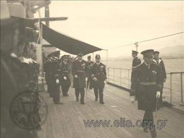 Minister  of Marine Affairs Sofoklis Dousmanis on a visit to a French battleship