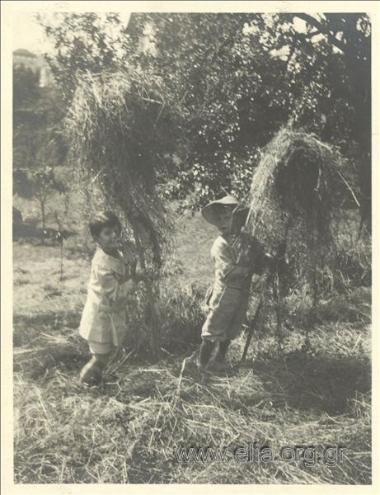 Nikolas Kalas (1907-1988) as a child picking straws with friends at Champ Soleil.