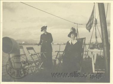 Nikolas Kalas' mother (1907-1988), Roza, with a friend on board.