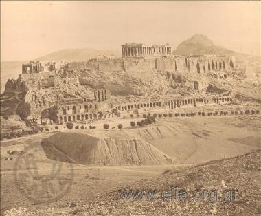 Acropolis and the Herodes Atticus Theatre, view from the Philopappos Hill. Lycabettus in the background.