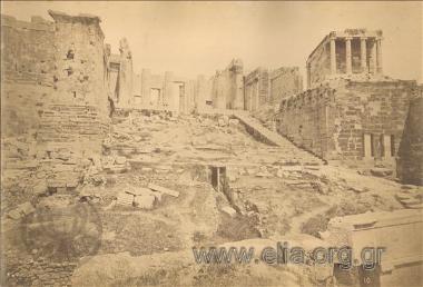 The Propylaea from the west and the temple of Wingèd Nike.