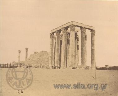 The Temple of Olympian Zeus  with the coffeehouse and the Acropolis in the background