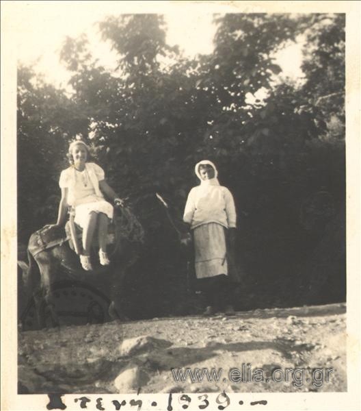 Two women in the countryside with a donkey