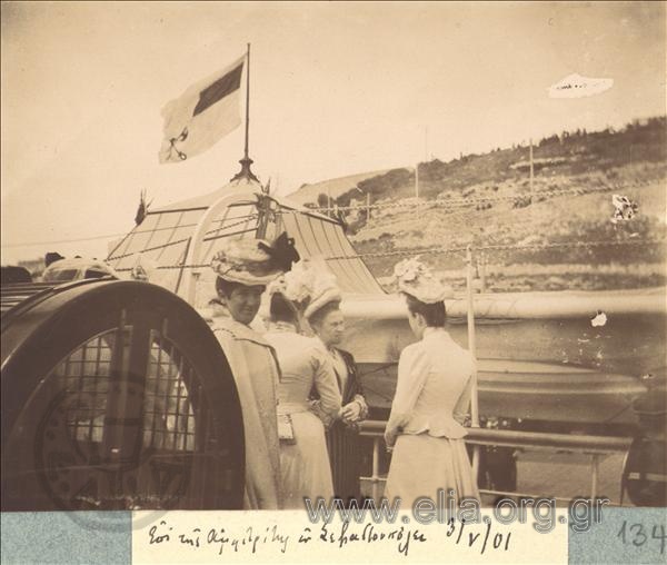Queen Olga talking with ladies from Sevastopol on the deck of the royal cabin cruiser 