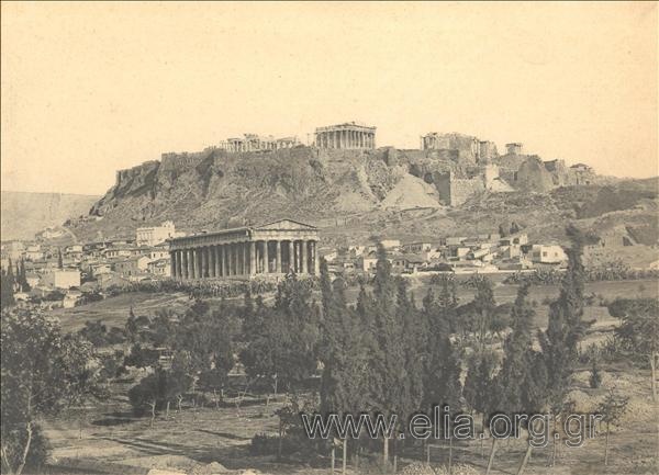 Ο Ναός του Ηφαίστου στο Θησείο, στο βάθος η Ακρόπολη.