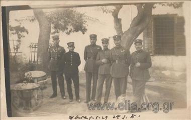 Group portrait of: Emmanouil Tsagkarakis (captain), Anastasios Rigopoulos (major), Alexandros Kosmakis (lieutenant colonel), Efstratios Rokos (major), Arist. Panagopoulos (major) and G. Giannopoulos (captain).
