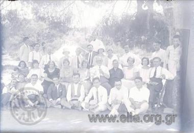 Camp of the walking Association. A group portrait of the campers. On the left, Georgios Vafiadakis sitting.