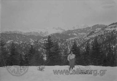 Εκδρομή της Ελληνικής Περιηγητικής Λέσχης στην Οίτη. Η Ίρις Μηλιαράκη με φόντο τα χιονισμένα έλατα.