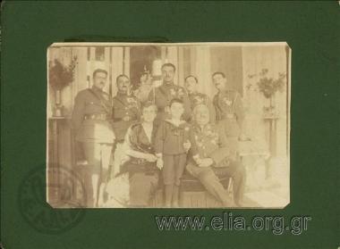 The first general Leonidas Paraskevopoulos' family and officers at his residence in Smyrni.