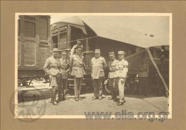 British General Bridges (commander of the Australian forces at the Dardanelles) and Field Marshal Leonidas Paraskevopoulos and Greek  officers at a railway station