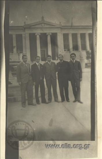 Stefanos G. Streit with a company of young men in the Athens University Propylaea.