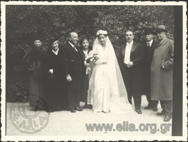 Bridal portrait, Theodoros and Despoina Skoutari, née K. Karatheodori, on the stairs of the Streit family in Strofilia.