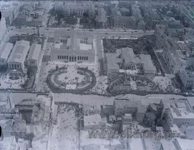 The Propylaea of the University of Athens, the Academy of Athens and the National Library photographed from the airplane of the ACROPOLIS newspaper.