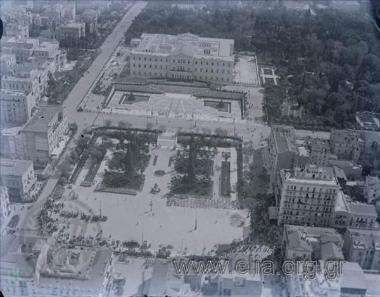 Aerial photograph of Syntagma Square with the Parliament and the Tomb of the Unknown Soldier