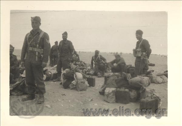 Greek soldiers and sergeant  in the desert.