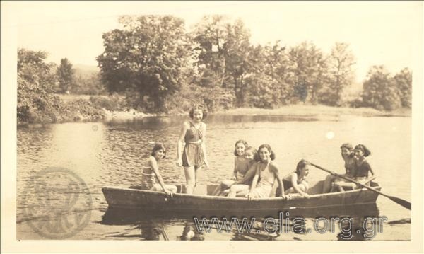 Portrait of girls of the Greek Olympiad Camp in a boat.