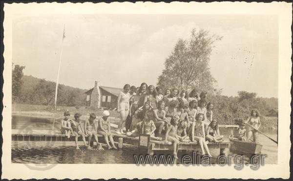 Group portrait of the girls of the Greek  Camp of Olympians at a peer