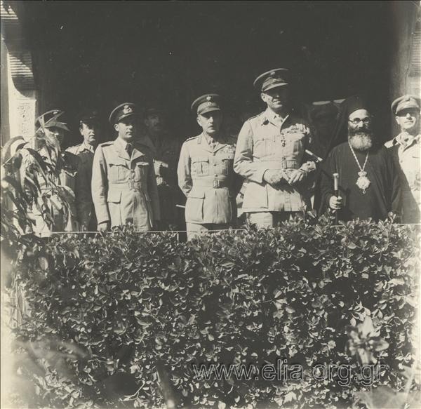 King Pavlos I on a visit to the XV Division: Paul between Field Marshal Alexandros Papagos and Bishop Jacob