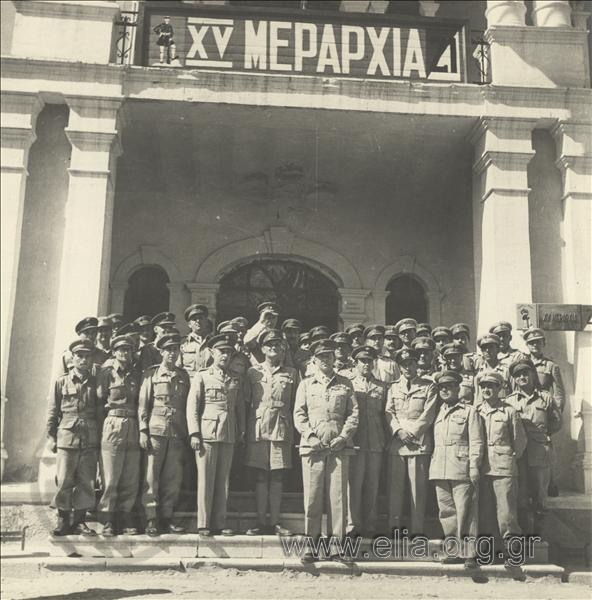 King Pavlos I on a visit to the XV Division: group portrait of servicemen, the King and field marshal Alexandros Papagos
