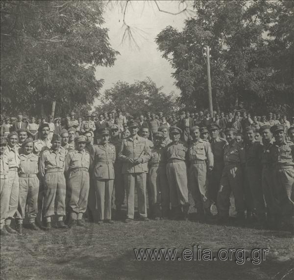 King Pavlos I on a visit to the XV Division: group portrait of officers, the King and field marshal Alexandros Papagos