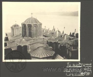 The Church of the Monastery of Docheiariou, shot taken from the guest quarters of the Monastery. Journey to Mt. Athos.