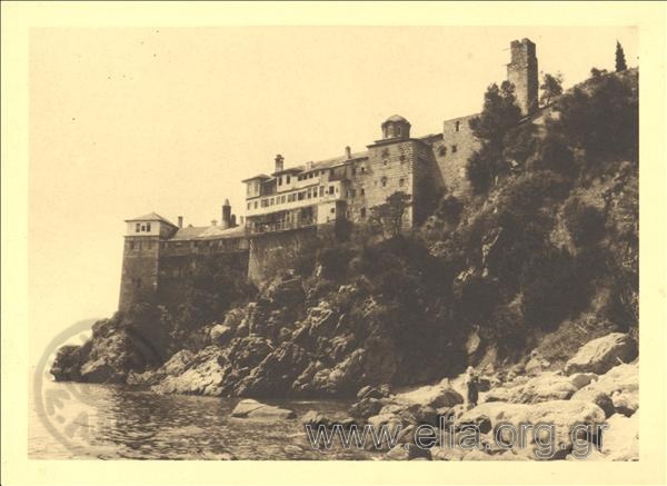 Monastery of St. Gregory seen from the east. Journey to Mount Athos