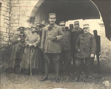Crown Prince Konstantinos with staff officers Ioannis Metaxas, Victor Dousmanis, Panagiotis Dagklis, Georgios Papakonstantinou and landowner Panos Karapanos at an inn near Ioannina. The siege of Ioannina