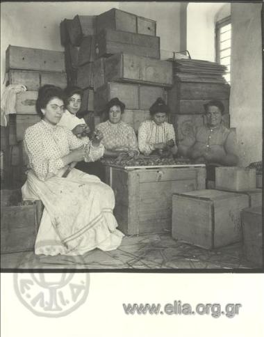 Εργάτριες περνάνε ξερά σύκα σε τσαπέλες.