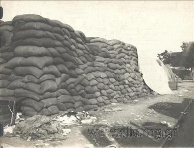 Packed sacks with provisions or sand (?), Balkan War II.
