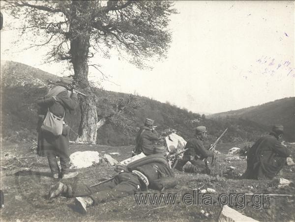 Greek  soldiers during an attack on the enemy positions, the Balkan Wars