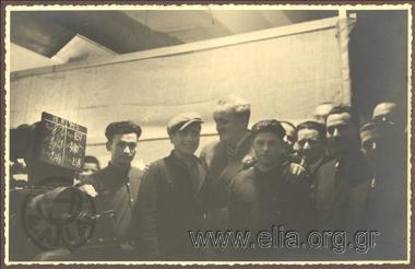 K. Kotzias with workers at the spinning factory in Naousa on his Journey to Thessaloniki - Beroea - Naousa
