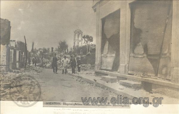 Destroyed houses and shops of the town by Bulgarian troops.