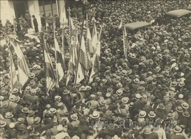 Πλήθος κόσμου με σημαίες.