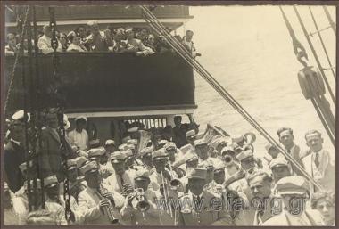 K. Kotzias leaving by ship to the sound of a band playing in his honour