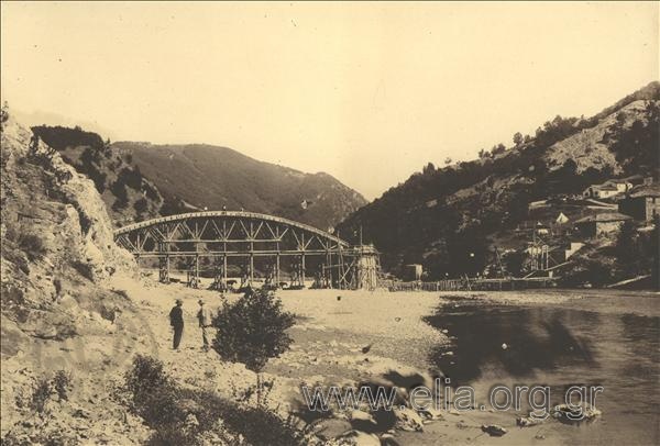 The construction of the bridge at Nestos river. The first stringer that connects one of the edges with the main column of the bridge. On the opposite edge the lodgings stand out.