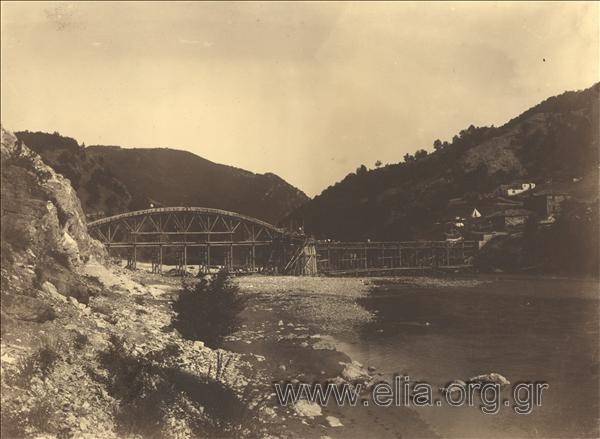 The construction of the bridge at Nestos river. A wooden frame for the construction of the second stringer of th ebridge.