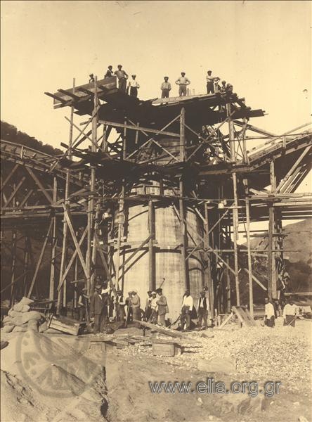 The construction of the bridge at Nestos river. The crew of the labourers at the main column of the bridge.