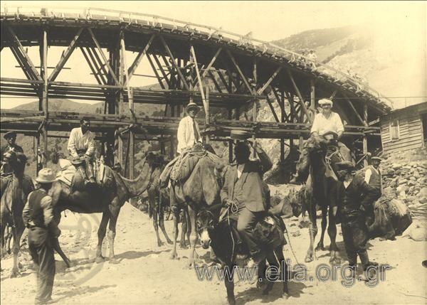 The construction of the bridge at Nestos river. The contractors (?) pose  on camels in the riverbed, with the bridge as a background.